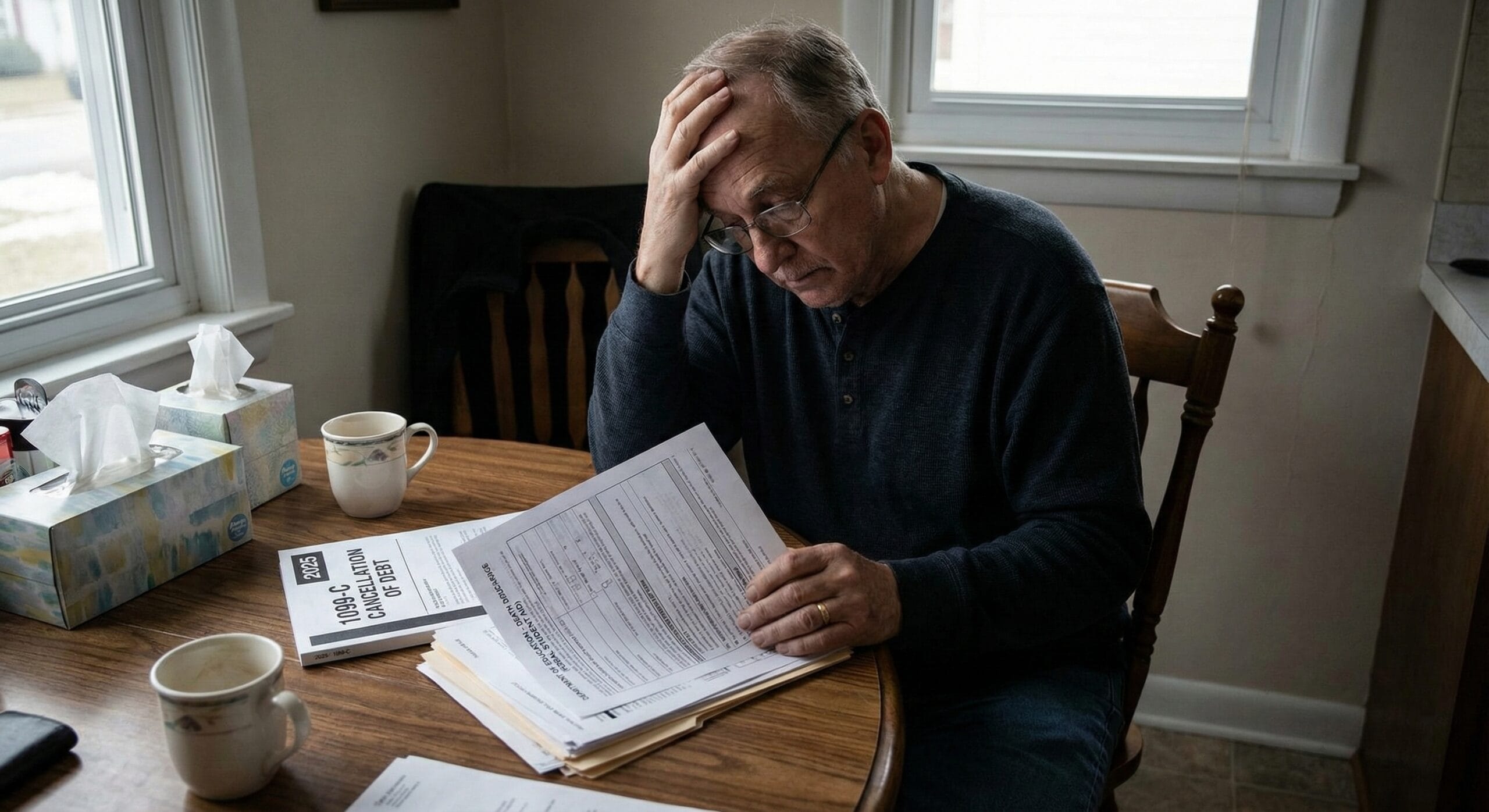Parent reviewing student loan death discharge paperwork and tax forms