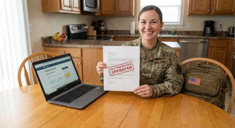 Soldier reviewing military student loan forgiveness paperwork and clrp benefits